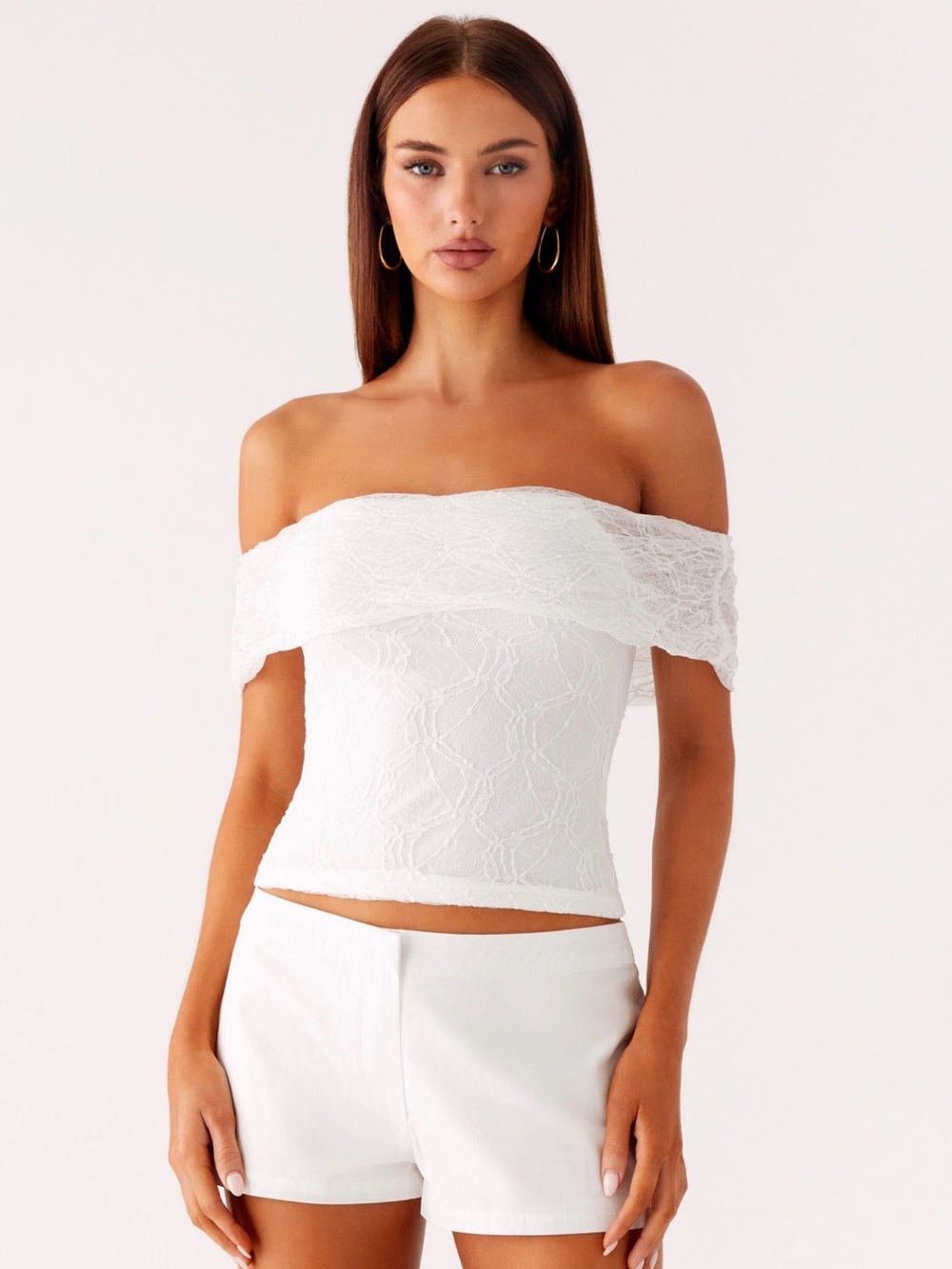 Peppermayo white lace off the shoulder crop top with textured floral embroidery